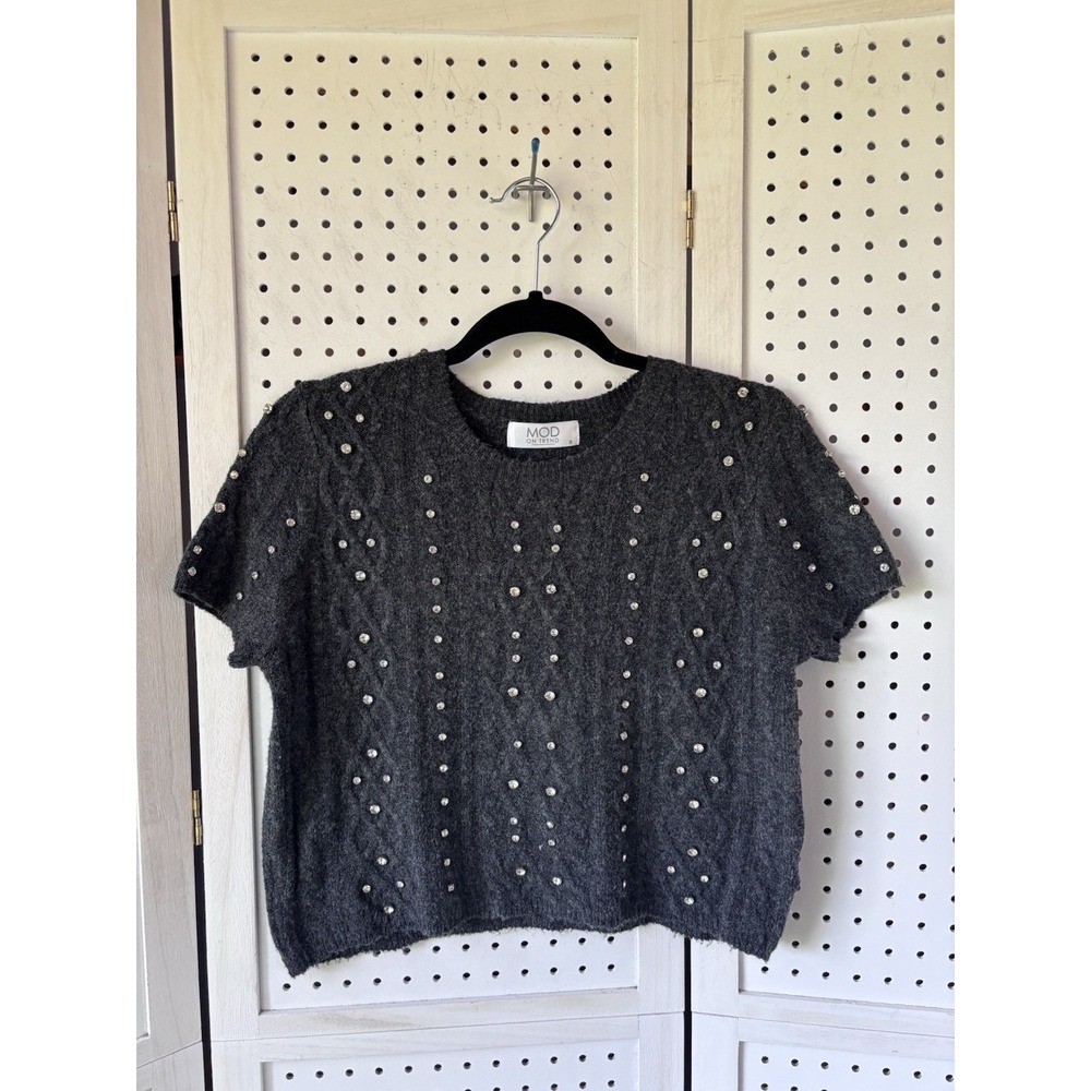 Mod On Trend Women's Sm Rhinestone Crop Sweater S/S Gray Jewel Party Formal